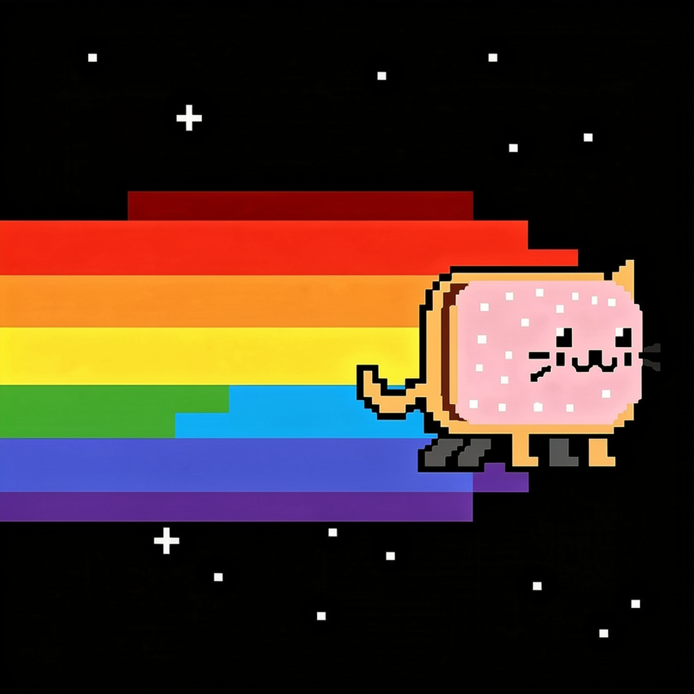 Nyan Cate, an 8-bit pixel grey cat with a pink pop-tart body, flying through black space and leaving a thick rainbow trail