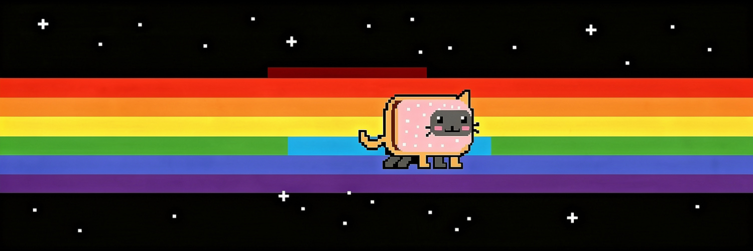 Nyan Cate flying left to right across a black starfield leaving a wide rainbow trail behind it